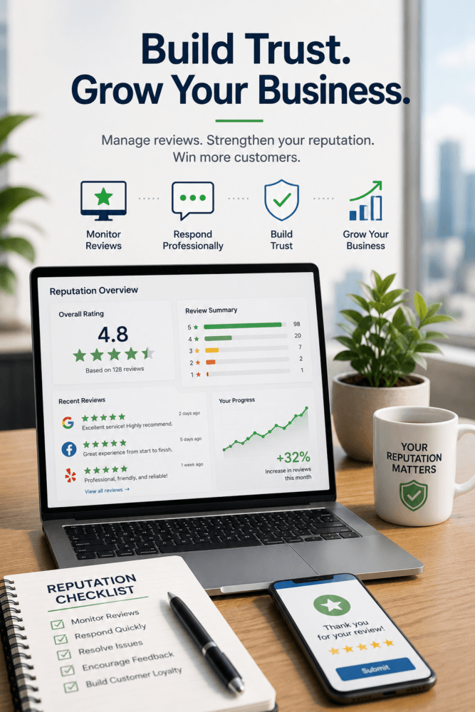 Online management reputation dashboard showing review growth