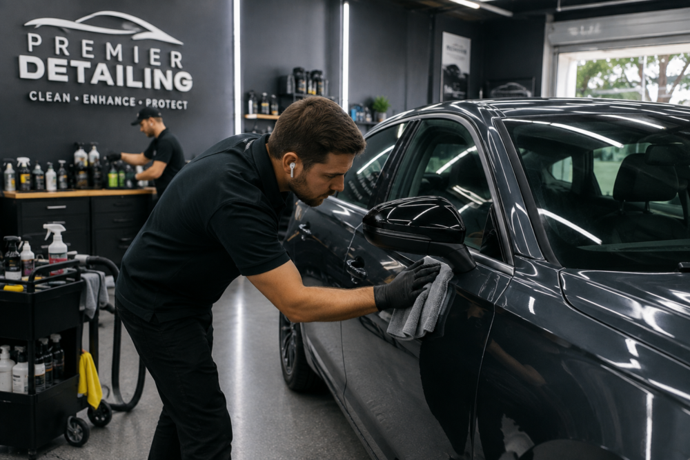 Technician detailing a car exterior in a local car detailing shop