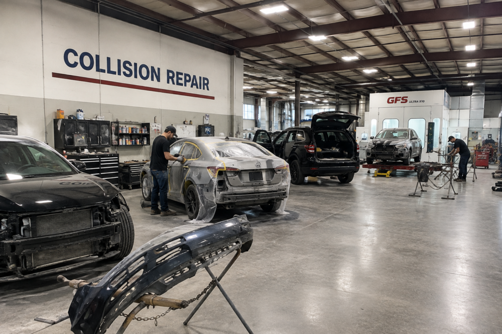 Technician repairing a vehicle body panel in a local collision repair shop