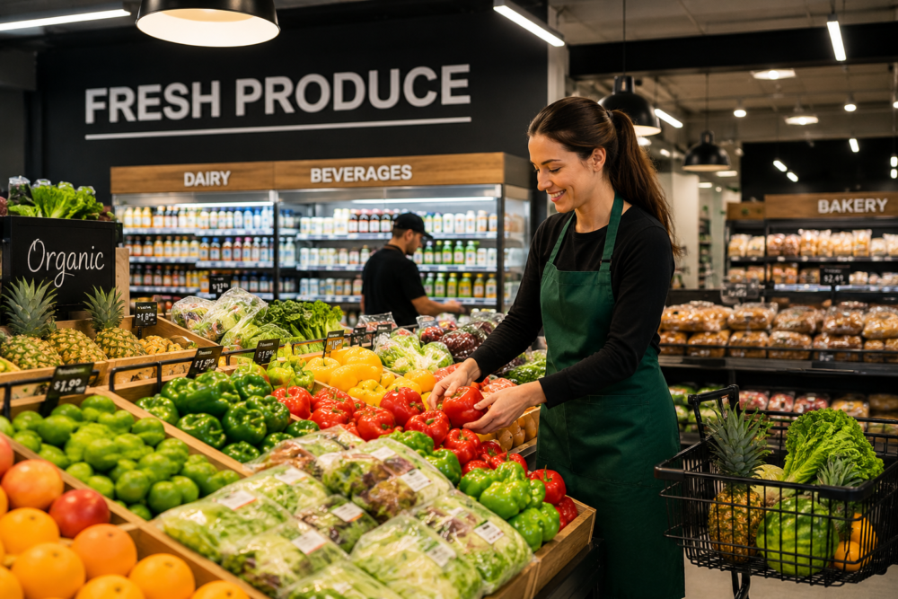 Shopper browsing fresh produce aisle in a local grocery store