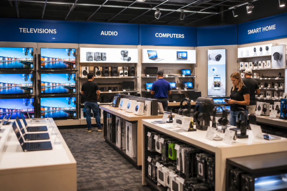Shopper browsing electronics in a local electronics store
