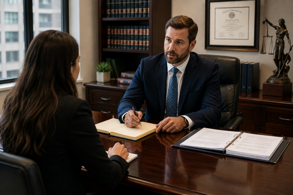 Attorney consulting with a client at a local law firm office