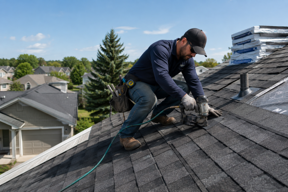Roofing crew installing new shingles on a residential roof