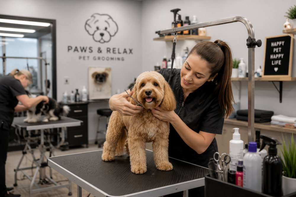 Groomer trimming a dog's fur in a local pet grooming salon