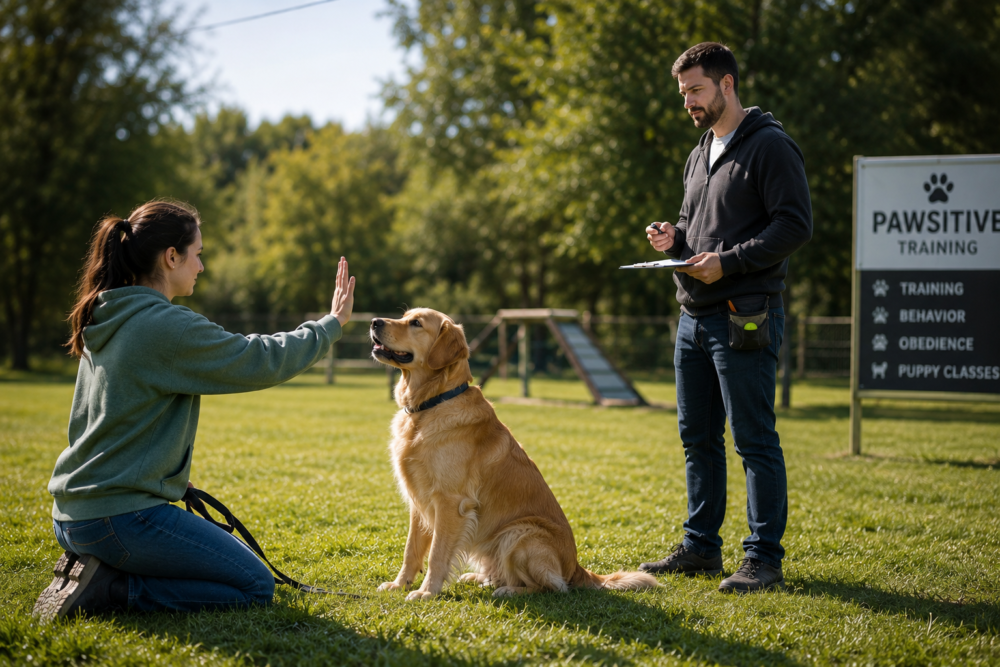 Dog trainer working with a dog during a local pet training session