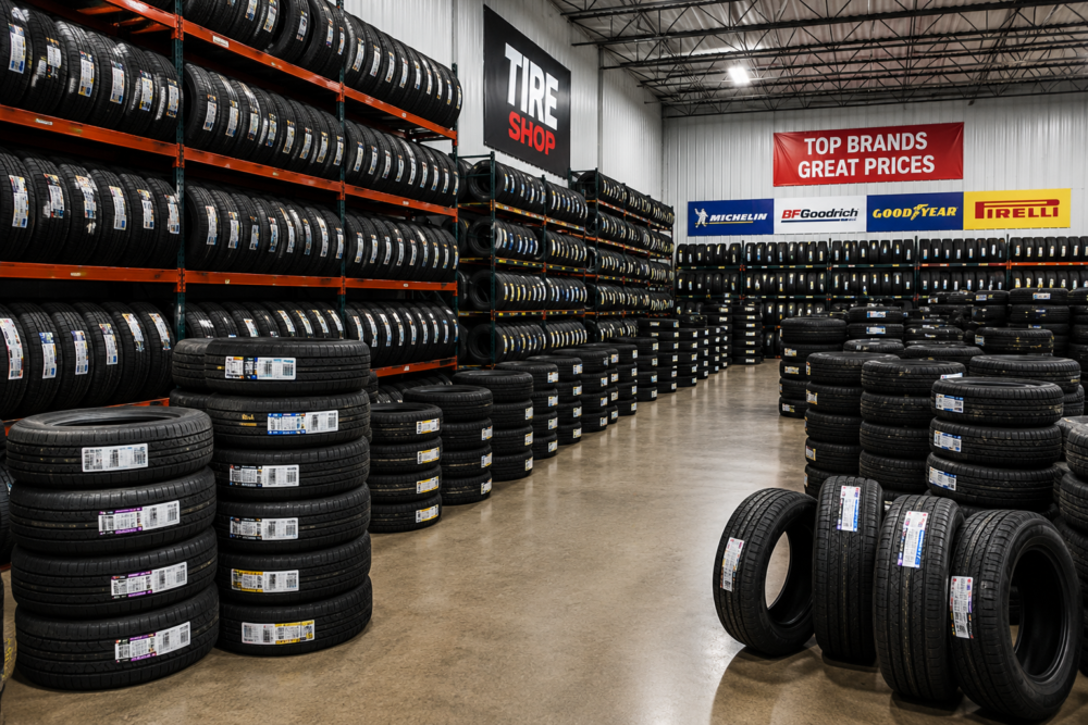 Technician installing a tire in a local tire shop bay