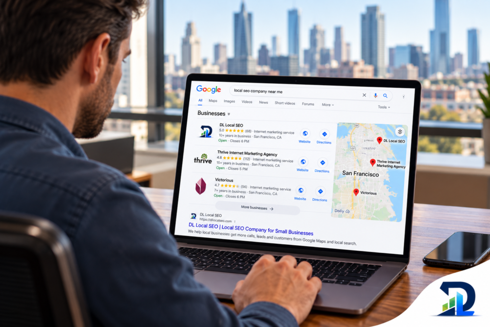 how-to-choose-a-local-seo-agency Small business owner searching Google for local SEO agencies to compare contractors and choose a reliable SEO company