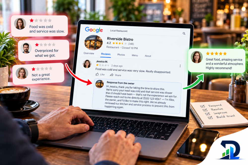 how-to-respond-to-negative-reviews How to respond to negative Google reviews — restaurant owner replying to a one-star customer review
