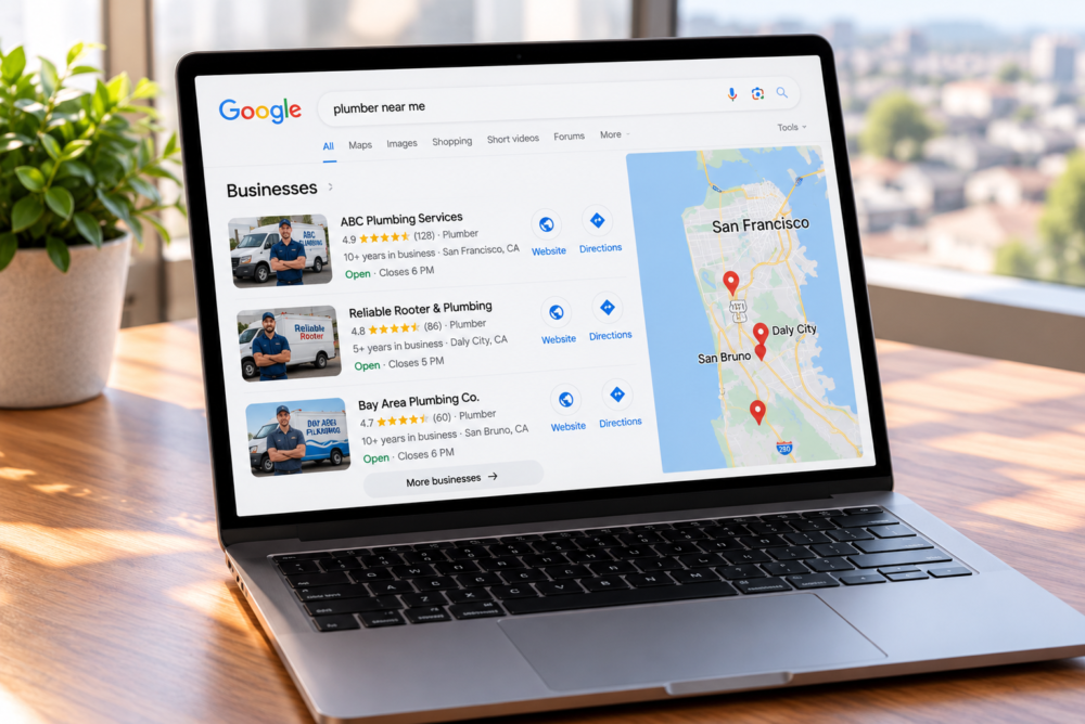 Local SEO for small businesses with Google Maps search results showing local plumbers, customer ratings and business listings on a laptop