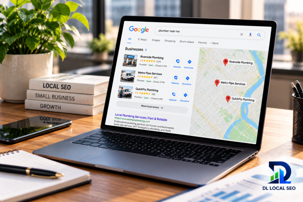 Local SEO pricing for small businesses in 2026 with Google search results and Maps displayed on a laptop